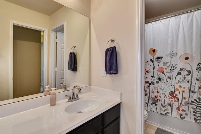 full bathroom with tile patterned floors, vanity, toilet, and shower / tub combo with curtain