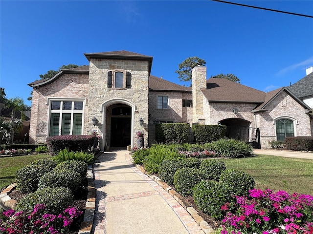 french country home with a front lawn