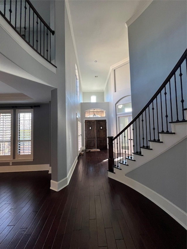 entryway with a high ceiling, ornamental molding, and dark hardwood / wood-style floors