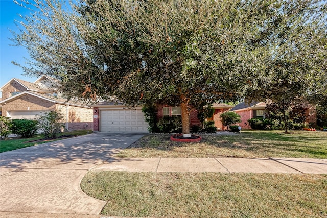 view of property hidden behind natural elements with a front lawn and a garage