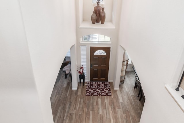 foyer entrance with hardwood / wood-style floors and a high ceiling