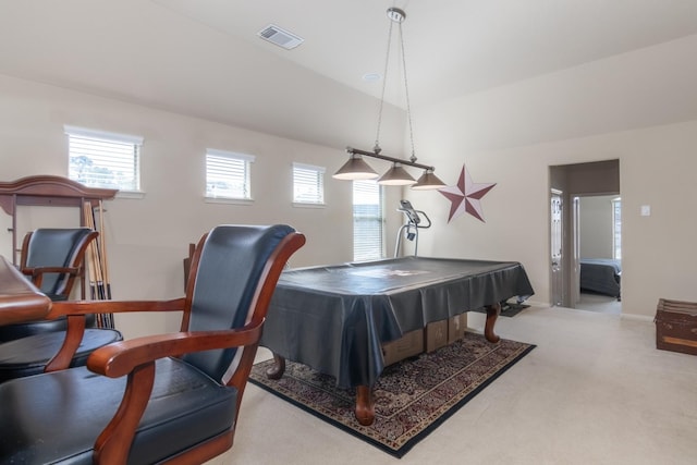 recreation room featuring light colored carpet, vaulted ceiling, and pool table