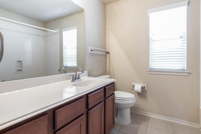 bathroom featuring tile patterned floors, walk in shower, vanity, and toilet