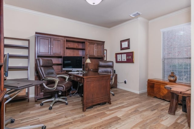 office featuring light hardwood / wood-style floors and ornamental molding