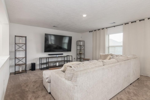 carpeted living room with a textured ceiling