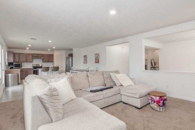 living room with a textured ceiling and light carpet