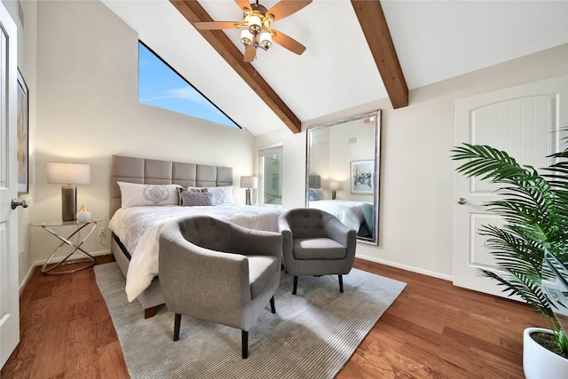 bedroom with beamed ceiling, hardwood / wood-style floors, high vaulted ceiling, and ceiling fan