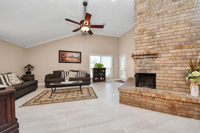 tiled living room with ceiling fan, ornamental molding, lofted ceiling, and a fireplace