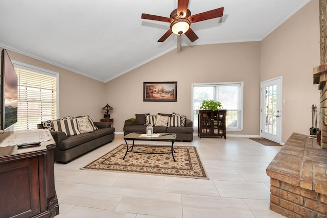 living room with ceiling fan, light tile patterned flooring, crown molding, and vaulted ceiling with beams