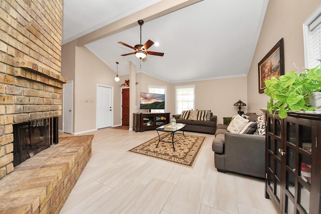 living room with ceiling fan, lofted ceiling, a fireplace, and crown molding