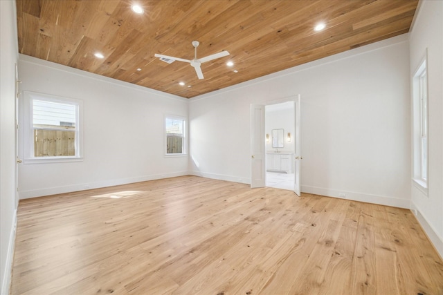 unfurnished room featuring wood ceiling, light hardwood / wood-style floors, and ceiling fan