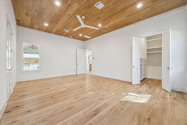 unfurnished bedroom featuring wood ceiling, visible vents, light wood-style flooring, and baseboards