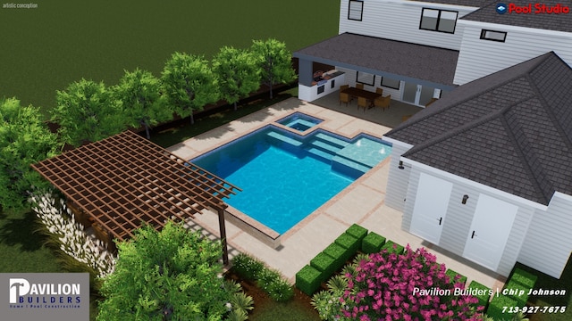 view of swimming pool featuring an in ground hot tub, an outdoor bar, and a patio