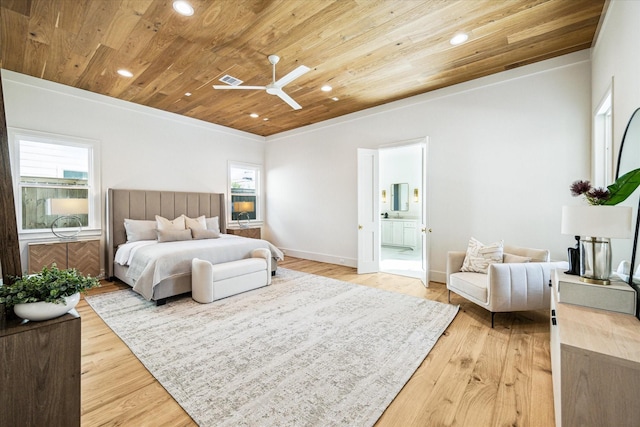 bedroom featuring wood ceiling, light wood-style flooring, and recessed lighting