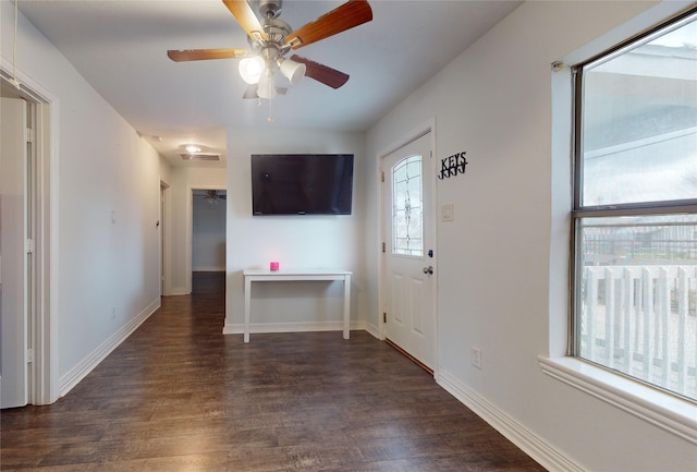 entrance foyer with a wealth of natural light, ceiling fan, and dark hardwood / wood-style floors