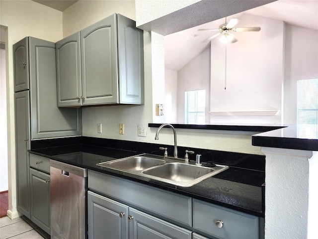 kitchen with gray cabinets, stainless steel dishwasher, ceiling fan, and sink