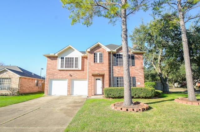 view of front of property featuring a garage and a front lawn