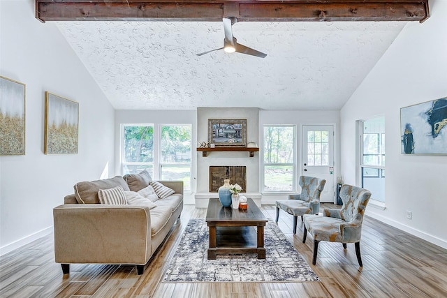 living room with a fireplace, wood-type flooring, and a textured ceiling