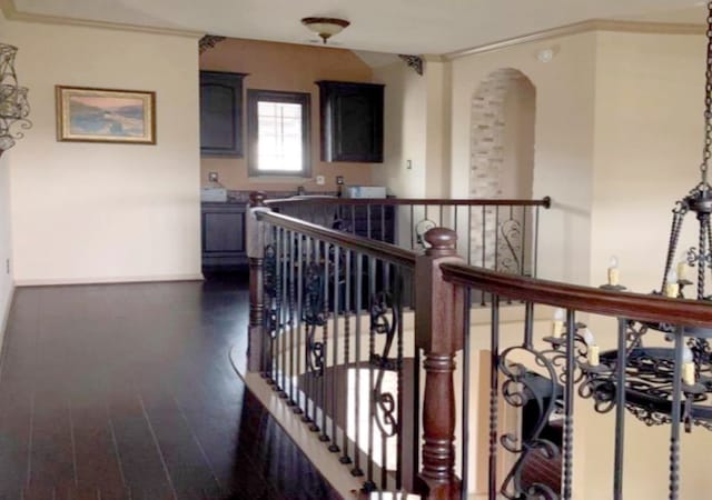 hall with dark hardwood / wood-style floors and ornamental molding