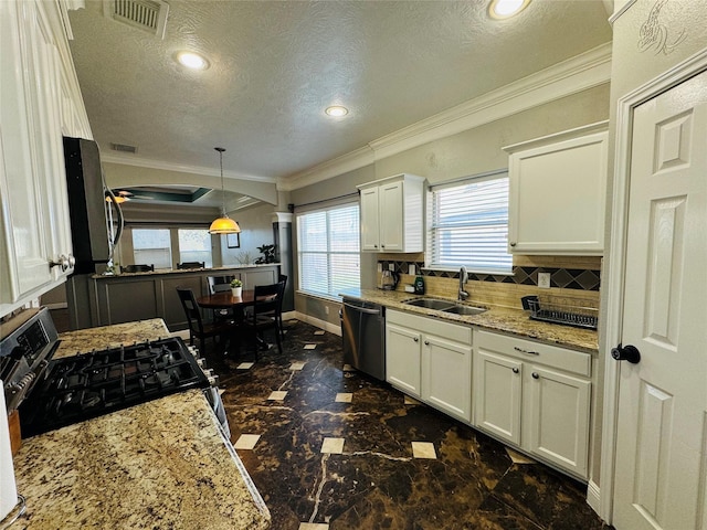 kitchen featuring white cabinets, black range with gas cooktop, sink, dishwasher, and hanging light fixtures