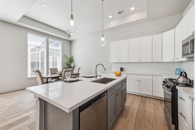 kitchen with a kitchen island with sink, white cabinets, a raised ceiling, sink, and appliances with stainless steel finishes