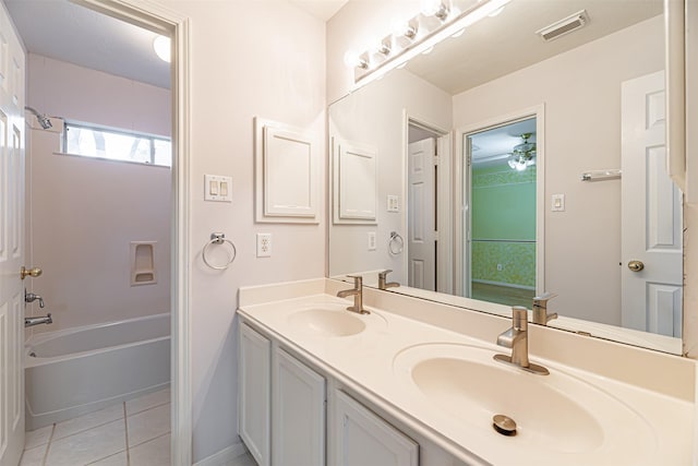 bathroom featuring tub / shower combination, vanity, and tile patterned flooring