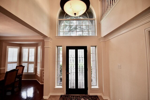 3803 Dewalt Way, Missouri City, TX 77459 - foyer entrance with dark wood-type flooring, a high ceiling, and french doors
