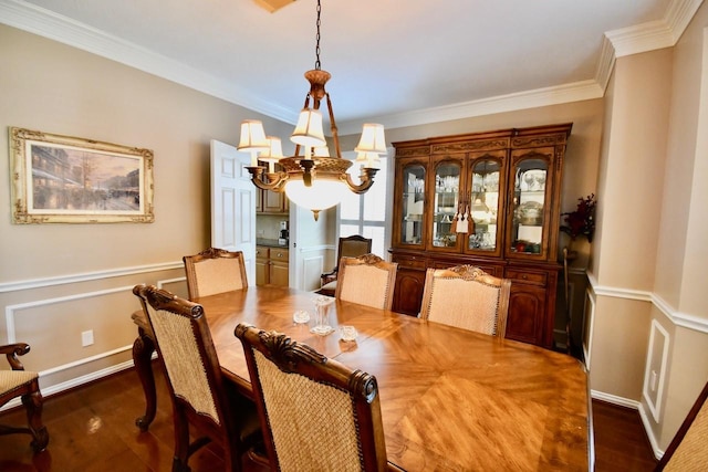3803 Dewalt Way, Missouri City, TX 77459 - dining room featuring dark wood-type flooring, crown molding, and a chandelier