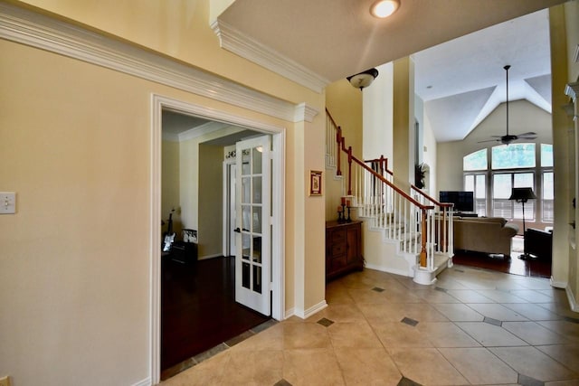 3803 Dewalt Way, Missouri City, TX 77459 - interior space featuring tile patterned floors, ornamental molding, and vaulted ceiling