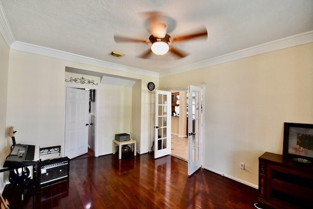 3803 Dewalt Way, Missouri City, TX 77459 - miscellaneous room featuring dark hardwood / wood-style floors, ceiling fan, ornamental molding, and french doors