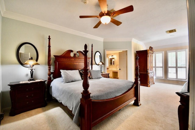 3803 Dewalt Way, Missouri City, TX 77459 - bedroom with ceiling fan, light colored carpet, ornamental molding, and connected bathroom