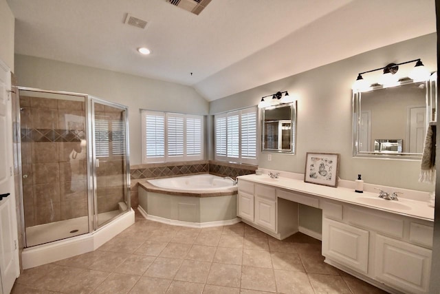 3803 Dewalt Way, Missouri City, TX 77459 - bathroom featuring tile patterned flooring, vanity, lofted ceiling, and shower with separate bathtub