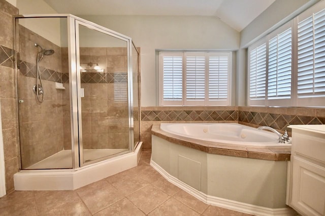 3803 Dewalt Way, Missouri City, TX 77459 - bathroom with plus walk in shower, tile patterned flooring, plenty of natural light, and lofted ceiling