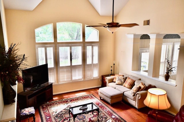 3803 Dewalt Way, Missouri City, TX 77459 - living room featuring hardwood / wood-style floors, ceiling fan, and high vaulted ceiling