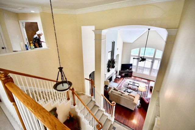 3803 Dewalt Way, Missouri City, TX 77459 - interior space featuring ceiling fan, wood-type flooring, ornamental molding, and ornate columns