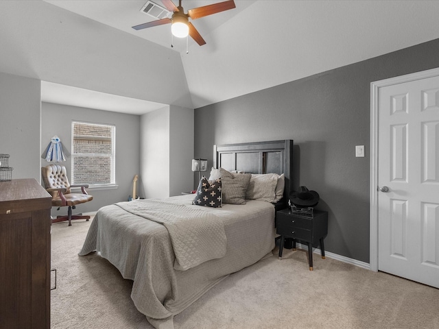 carpeted bedroom featuring ceiling fan and lofted ceiling