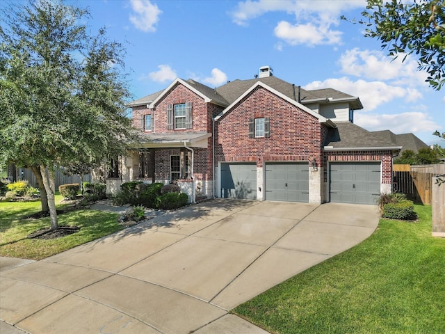 view of front of house with covered porch, a garage, and a front lawn