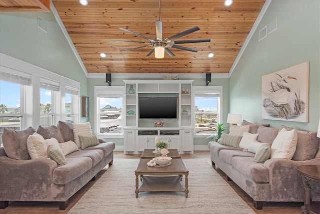 living room featuring wood-type flooring, high vaulted ceiling, ceiling fan, and wood ceiling