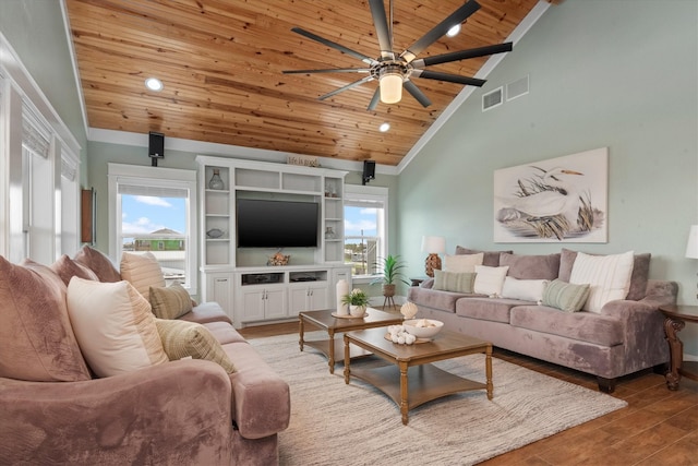 living room with wooden ceiling, high vaulted ceiling, ceiling fan, plenty of natural light, and wood-type flooring