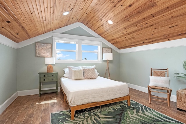 bedroom with hardwood / wood-style floors, wood ceiling, and lofted ceiling