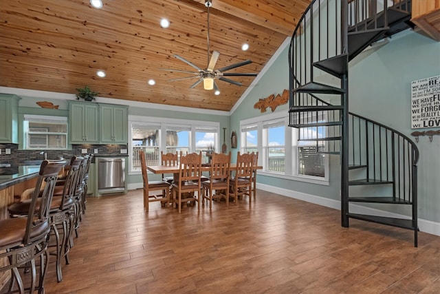 dining area with hardwood / wood-style flooring, ceiling fan, wooden ceiling, and high vaulted ceiling