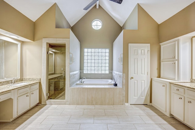 bathroom featuring vanity, high vaulted ceiling, tile patterned flooring, ceiling fan, and shower with separate bathtub