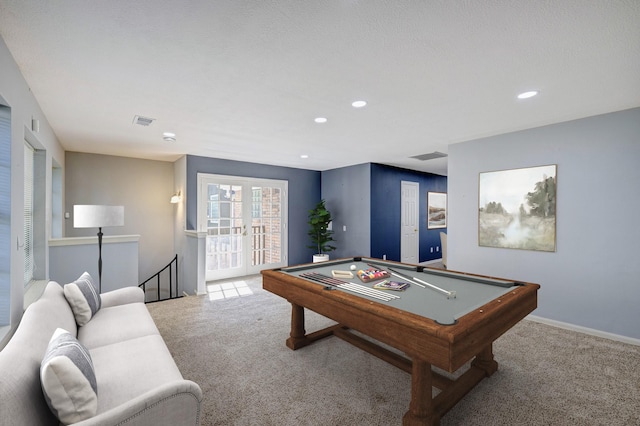 recreation room with carpet flooring and pool table