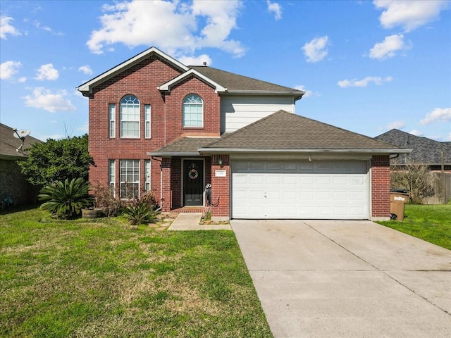 view of property featuring a garage and a front lawn