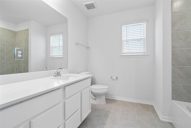 full bathroom with tile patterned floors, vanity, shower / bathtub combination, and toilet