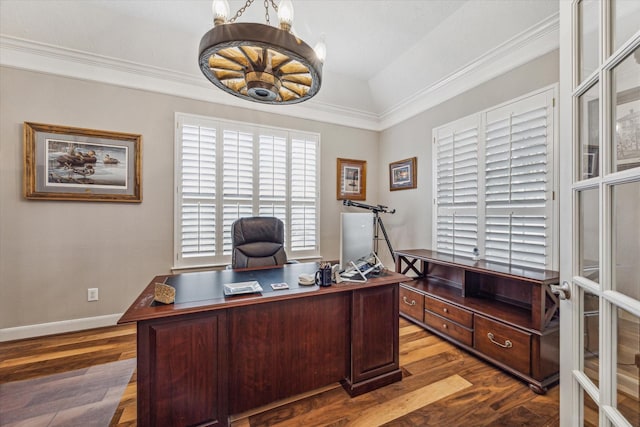 office space with hardwood / wood-style floors and vaulted ceiling