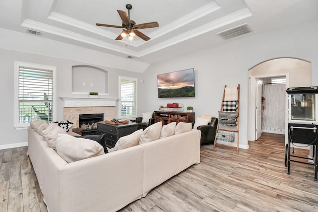 living room featuring a fireplace, a raised ceiling, and a healthy amount of sunlight