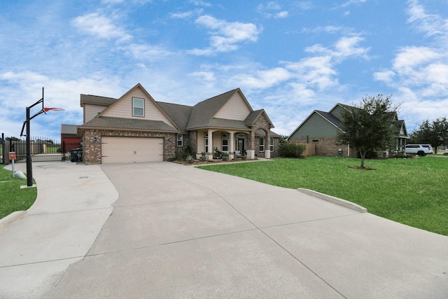 view of front facade featuring a porch, a garage, and a front lawn