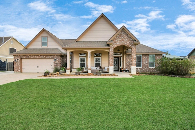 craftsman inspired home featuring an outdoor living space, covered porch, and a front yard