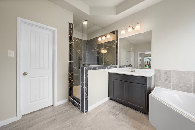 bathroom featuring plus walk in shower and vanity